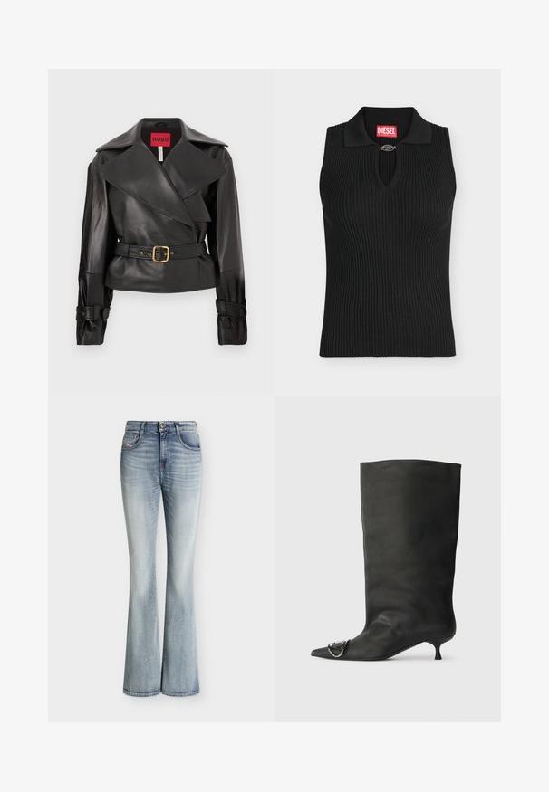 Veste en cuir noir avec un large col, une taille ceinturée avec une boucle dorée et des épaules structurées. Texture douce avec une finition lisse.; Haut noir sans manches en maille côtelée avec col et petite attache métallique au niveau de l'encolure, avec une étiquette rouge de la marque Diesel à l'intérieur du col.; Jean en denim bleu clair taille haute avec une légère évasement en bas et des détails délavés sur le devant des cuisses.; Bottines en cuir noir à bout pointu, petite talon et détail métallique sur le bout. Texture lisse et mate partout.