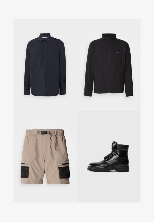 Must must jacket, millelõikega krae, ees lukuga kinnitamine ja kaks küljetaskut. Vasakul rinnas on peen logo ja elastsed varrukaotsad.; Samsøe Samsøe RYAN SHIRT - Pluus - salute; Beez värvi cargo lühikesed püksid tekstuurse kudumiga, mustade võrkpaneelide aktsentidega, elastse vöökoha ja küljetaskutega, millel on lukud.; Mustad musta nahast ankle saapad läikiva viimistlusega, lipsukujundus, pehmendatud krae ja robustne kummist tallaga, millel on pidurduskavad.