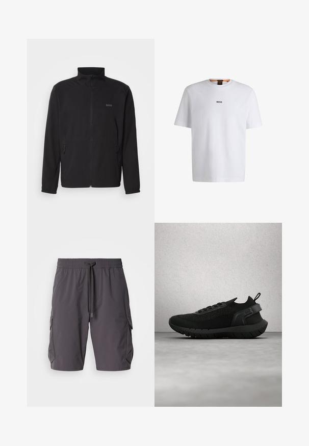 Schwarze Jacke mit Stehkragen, frontalem Reißverschluss und zwei Seitentaschen. Besitzt ein dezentes Logo auf der linken Brust und elastische Bündchen.; Weißes Baumwoll-T-Shirt mit kurzen Ärmeln, ausgestattet mit einem schwarzen "BOSS"-Logo, das mittig auf der Brust platziert ist, und einem runden Halsausschnitt.; Graue Cargo-Shorts aus leichtem Stoff, mit einem Kordelzugbund, Seitentaschen und einem leicht lockeren Schnitt.; Schwarzer Sportschuh mit strukturiertem Mesh-Obermaterial, Gummisohle und Zuglasche an der Ferse. Verfügt über ein stromlinienförmiges Design und Schnürsenkel.