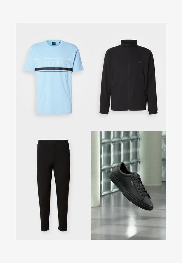 Must must jacket, millelõikega krae, ees lukuga kinnitamine ja kaks küljetaskut. Vasakul rinnas on peen logo ja elastsed varrukaotsad.; Hele sinine puuvillane T-särk, ümmarguse kaelusega, mille keskel on tekstuuriga "BOSS" logo ja must horisontaalne triip üle rinna.; Mustad õhukesed püksid elastse vöökohaga ja tõmblukuga küljetaskutega, disainitud mugavuse ja vabaaja kandmiseks.; Mustad madala säärega nahast tennised mustade paelte ja kuldse BOSS logo külgedel, hõljuvad läikiva halli põranda kohal moodsas siseruumis.