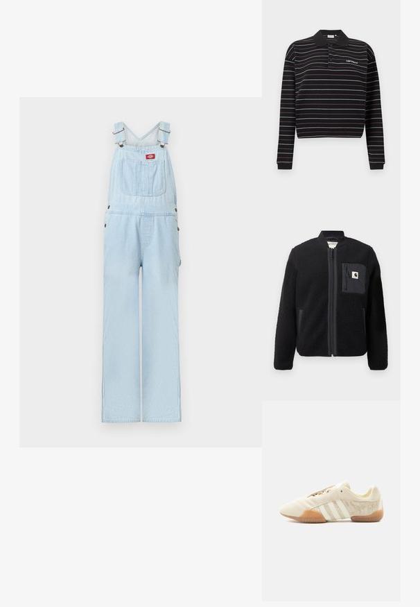Veste bomber en polaire noire avec fermeture éclair à l'avant, poignets côtelés et poche poitrine. Présente un tissu texturé et un design de couleur unie.; Salopette en denim bleu clair avec bretelles réglables, poche avant avec écusson logo rouge et jambes larges et droites.; Polo à manches longues noir avec de fines rayures horizontales blanches et violettes, deux boutons, et un petit logo blanc sur le côté gauche de la poitrine.; Baskets beige profil bas avec trois bandes blanches, panneaux latéraux en suède texturé, semelle en gomme et fermeture à lacets sur fond uni.