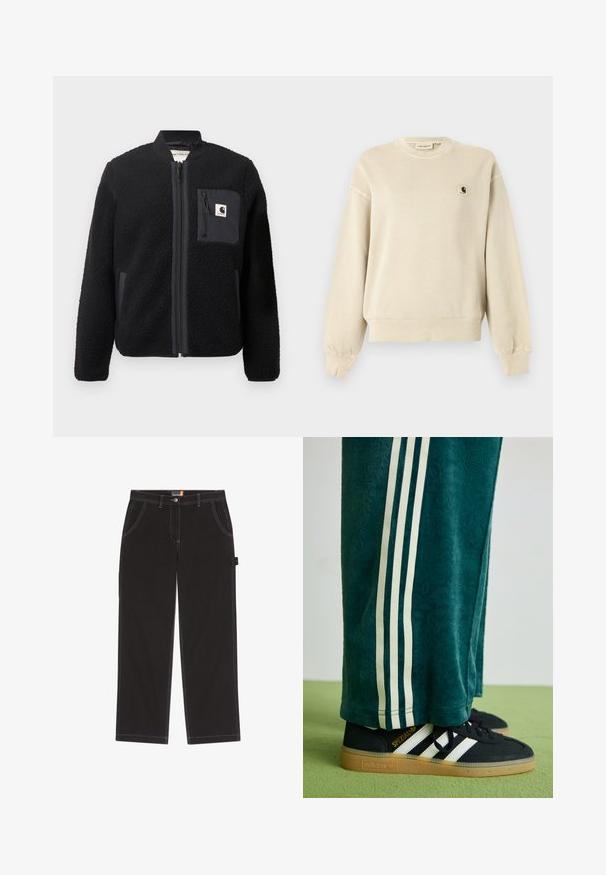 Chaqueta bomber de forro polar negra con cierre de cremallera frontal, puños acanalados y un bolsillo en el pecho. Presenta un tejido texturizado y diseño de color sólido.; Sudadera beige de manga larga con cuello redondo, puños y dobladillo acanalados, con un pequeño parche del logo de Carhartt en el pecho izquierdo.; Pantalones negros hechos de tela duradera, con costuras en contraste, dos bolsillos frontales, un bolsillo lateral único y cierre de botón.; Pantalones verdes texturizados con franjas laterales blancas, combinados con zapatillas Adidas negras que presentan tres franjas blancas y una suela de goma.