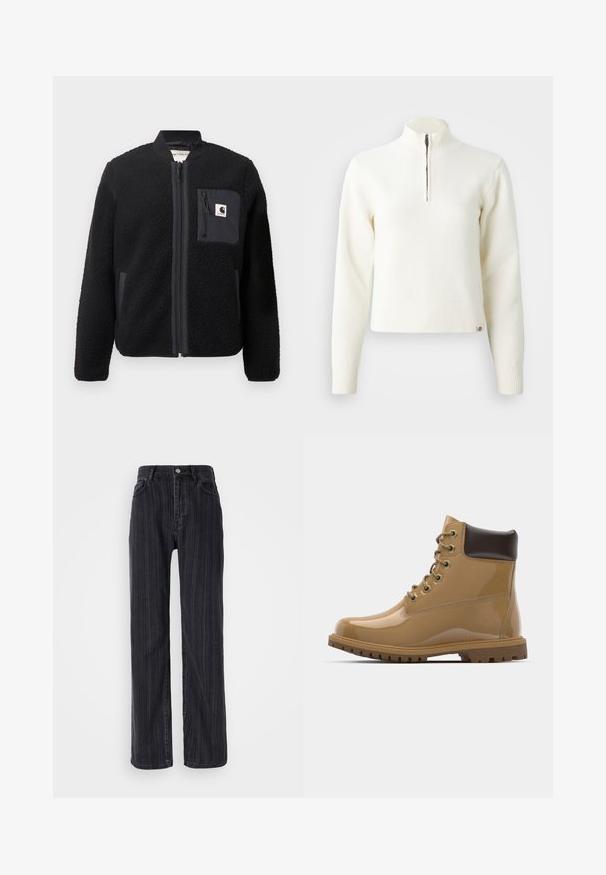 Schwarze Fleece-Bomberjacke mit Reißverschluss, gerippten Ärmeln und einer Brusttasche. Sie zeichnet sich durch einen strukturierten Stoff und ein einfarbiges Design aus.; Weißer Sweater mit Reißverschluss am Hals und langen Ärmeln. Aus weichem Strickmaterial gefertigt, mit gerippten Bündchen und Saum. Dezentes Markenlogo am Saum.; Hoch taillierte schwarze Denim-Jeans mit vertikalem Streifenmuster, geradem Bein und metallischem Knopfverschluss vorne.; Tägliche Schnürstiefeletten aus patentlederen Material in Tan mit braunen Akzenten, runder Zehenpartie, sechs Metallösen, braunen Schnürsenkeln und strukturierten Gummisohlen.