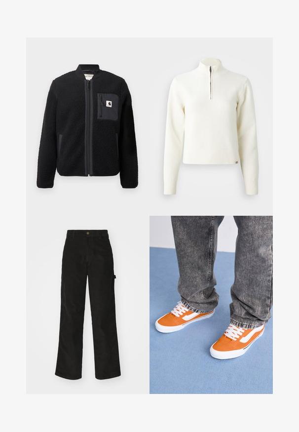 Chaqueta bomber de forro polar negra con cierre de cremallera frontal, puños acanalados y un bolsillo en el pecho. Presenta un tejido texturizado y diseño de color sólido.; Suéter blanco con cuello de cremallera y mangas largas. Fabricado en un material de punto suave, con puños y dobladillo acanalados. Logo de la marca sutil en el dobladillo.; Pantalones de pana negros con un diseño de pierna recta, que presentan un cierre de botón y bolsillo lateral. Textura suave con finas rayas verticales.; Zapatillas de ante naranja con rayas y cordones blancos, combinadas con jeans gris desgastado. Colocadas sobre una alfombra azul clara.