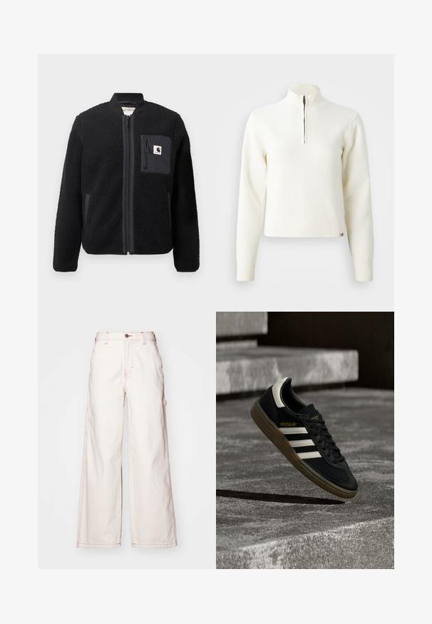 Veste bomber en polaire noire avec fermeture éclair à l'avant, poignets côtelés et poche poitrine. Présente un tissu texturé et un design de couleur unie.; Pull-over blanc à col zippé et manches longues. Fabriqué en matériau tricoté doux, avec des poignets et un ourlet côtelés. Logo de la marque subtil à l'ourlet.; Pantalons en denim blanc à jambes larges avec des coutures rouges, dotés d'une taille haute, d'une fermeture à bouton à l'avant et de poches latérales. Tissu en coton texturé.; Baskets Adidas noires avec des bandes blanches et une semelle en gomme flottant au-dessus d'escaliers en béton gris sous une lumière naturelle.