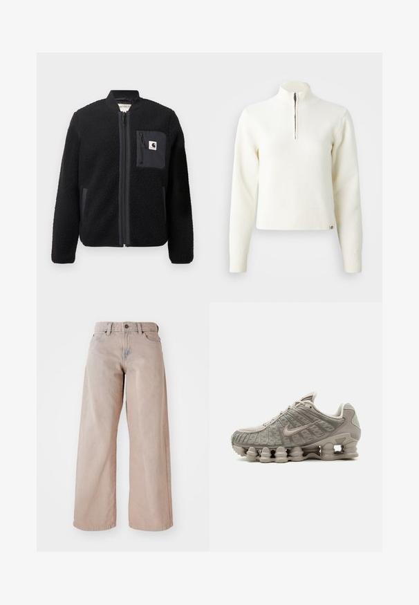 Must schwarze fleece-bomber-jakk, millel, lukkumine, soonikkoesed ja rindade tasku. Omab tekstuuriga kangast ja ühtlase värvi disaini.; Valge, tõmbluku kaelusega soe sviiter pika varrukaga. Valmistatud pehmest kudumist, millel on soonikkoes mansetid ja alläär. Diskreetne brändi logo allääres.; Bežid laiendid teksad kõrge taljega, viie tasku ja nööbiga sulgemisega. Kanga tekstuur on pehme ja esiosas on kergelt pleekinud.; Hele beež Nike Shoxi sneaker nähtava sambakujulise polsterdusega tallaga ja võrgust üliskattega.