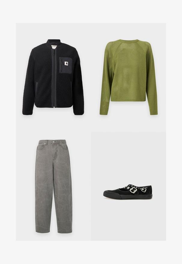 Must schwarze fleece-bomber-jakk, millel, lukkumine, soonikkoesed ja rindade tasku. Omab tekstuuriga kangast ja ühtlase värvi disaini.; Hele oliivroheline pikkade varrukatega kudumistega kampsun, millel on lahtine, avatud kudumismuster ning ribiga pael kaelusel, varrukaotstel ja äärel.; Hallid džinsipüksid, lõdvema lõikega, kõrge vöökoht, viie tasku kujundus ja tagasihoidlik pleekimine. Omab lukuga avatavat ettekäändet ja metallist nööbi kinnihoidjat.; Vans MARY JANE - Baleriinad - black