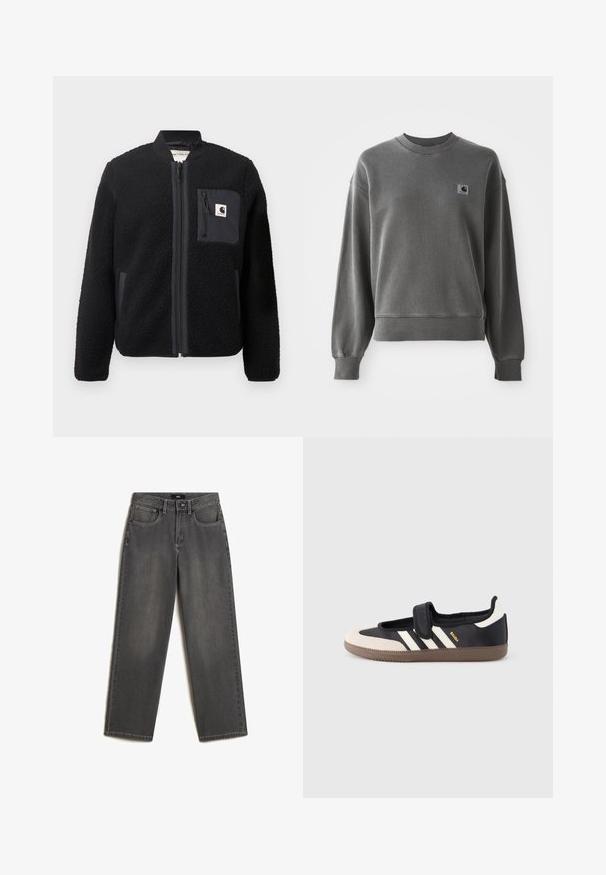 Sort fleeced bomberjakke med lynlås foran, ribbede manchetter og en brystlomme. Har struktureret stof og ensfarvet design.; Grå pullover sweatshirt lavet af glat bomuldsblanding, med rund hals, ribbede manchetter og et lille logopatch på venstre bryst.; Grå vidde jeans lavet af denim. Har fem lommer, en frontknap og lynlås lukning, samt subtil fading på stoffet.; Sort og beige sko med velcrolukning, tre hvide striber på siden og en tekstureret brun gummisål. Mærkelogo er synligt.