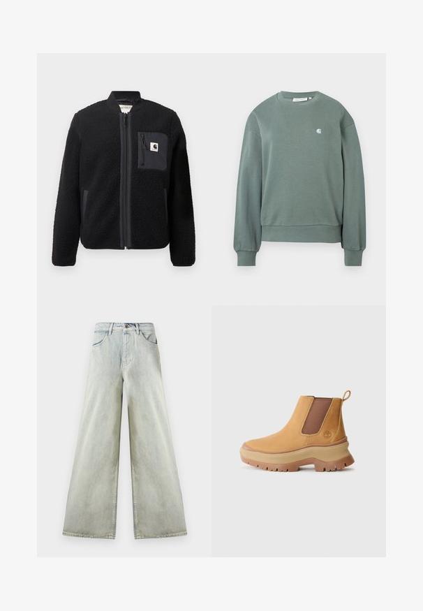Must schwarze fleece-bomber-jakk, millel, lukkumine, soonikkoesed ja rindade tasku. Omab tekstuuriga kangast ja ühtlase värvi disaini.; Roheline crewneck särk pikade varrukatega, ribatud mansettide ja hemiga, millel on väike valge logo vasakul rinnal.; Kõrge vöökohaga helerohelised laia säärega teksapüksid ees taskute, vööaasade ja pruuni nööpkinnitusega vöökohal.; Kahvatan nahast pahkluu saapad elastsete külgpaneelidega, ümara ninaga ja paksu kummist tallaga, millel on sügavad mustrid; sisaldab kinnitustaga kannal.