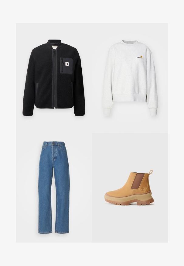 Sort fleeced bomberjakke med lynlås foran, ribbede manchetter og en brystlomme. Har struktureret stof og ensfarvet design.; Grå crew-neck sweatshirt i et blødt stof med ribbede manchetter og kant; har broderet logo på brystet i gul og mørkerød.; Højtaljede, lige ben blå jeans med en falmet finish. Har fem lommer, en knaplukning og subtile stikninger.; Brune læder ankelstøvle med elastiske sidepaneler, afrundet tå og tyk gummisål med dyb profil; har en trækstrop bag på hælen.