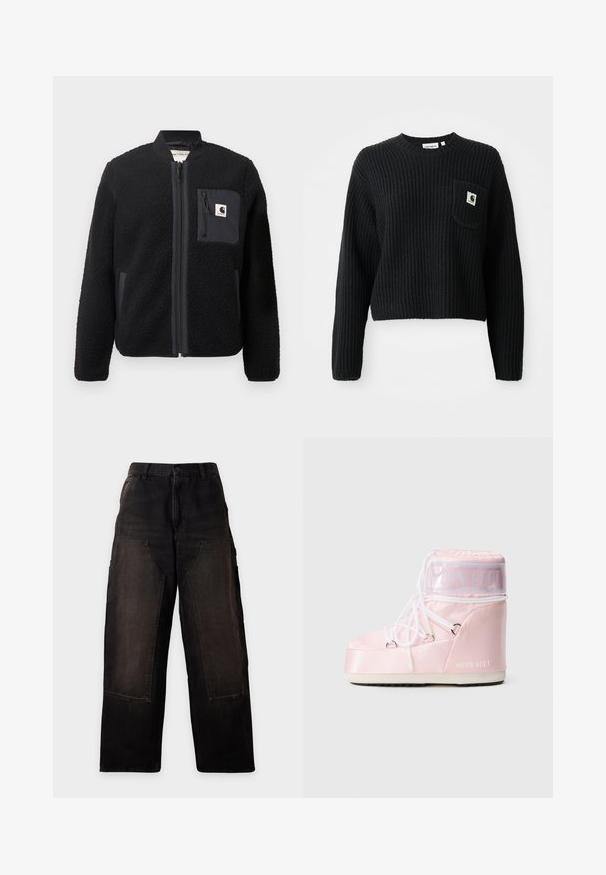 Veste bomber en polaire noire avec fermeture éclair à l'avant, poignets côtelés et poche poitrine. Présente un tissu texturé et un design de couleur unie.; Pull en maille côtelée noir avec un col rond, des manches longues et une poche avant arborant un petit patch logo. Longueur cropped.; Pantalon noir à jambes larges avec grandes poches plaquées devant et passants de ceinture, présenté sur un fond clair uni.; Bottines Moon Boot rembourrées roses avec des lacets blancs enroulés, semelle épaisse et bande transparente avec le texte "Moon Boot" près du haut.