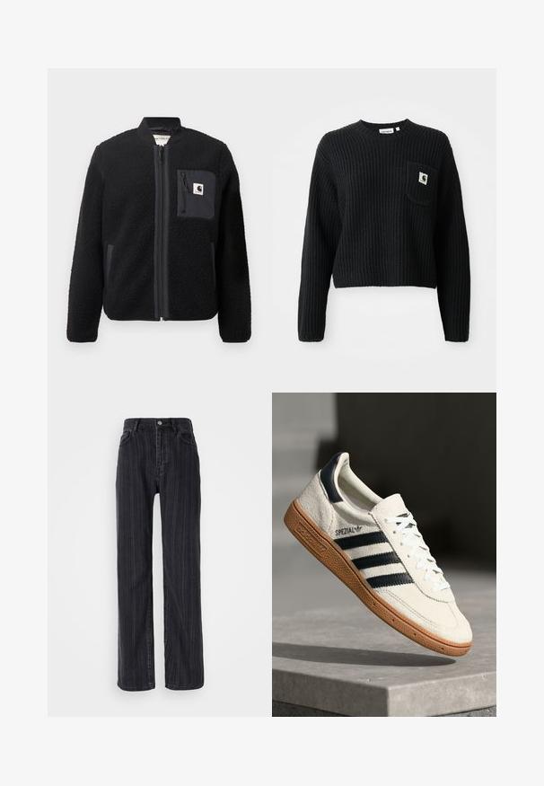 Sort fleeced bomberjakke med lynlås foran, ribbede manchetter og en brystlomme. Har struktureret stof og ensfarvet design.; Sort ribbenstrikket sweater med rund hals, lange ærmer og en frontlomme med et lille logo patch. Forkortet længde.; Højtaljede sorte denimjeans med lodrette striber, lige ben og metalknaplukning fortil.; Hvide ruskinds sneakers med marineblå striber, gummisål, struktureret overdel, rund tå og snøring; har branding på siden og tungen.