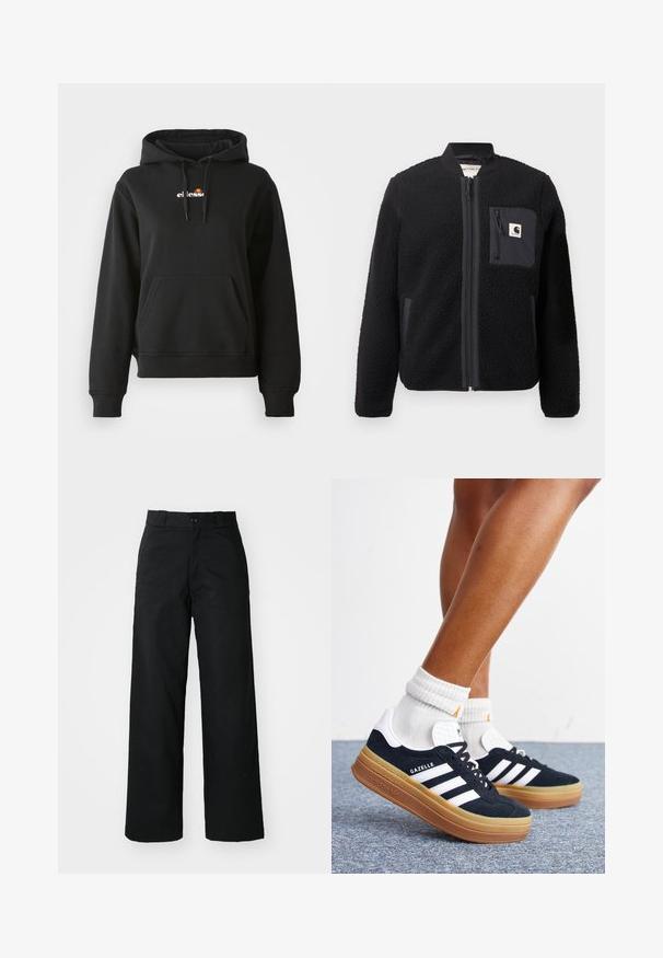 Sort fleeced bomberjakke med lynlås foran, ribbede manchetter og en brystlomme. Har struktureret stof og ensfarvet design.; Sort hoodie med en frontlomme, snøre på hætten og et lille farverigt logo på brystet. Fremstillet af glat, blødt stof med ribbede manchetter.; Sorte vide bukser med flad front, knaplukning og bæltestropper. Fremstillet af holdbart stof med en glat tekstur.; Ben iført hvide sokker og sorte Adidas Gazelle sneakers med hvide striber og tykke brune såler på et gråt tæppe.
