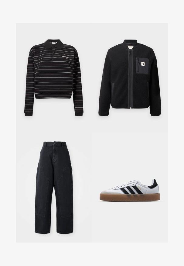 Veste bomber en polaire noire avec fermeture éclair à l'avant, poignets côtelés et poche poitrine. Présente un tissu texturé et un design de couleur unie.; Polo à manches longues noir avec de fines rayures horizontales blanches et violettes, deux boutons, et un petit logo blanc sur le côté gauche de la poitrine.; Pantalons cargo larges en denim noir à taille haute, avec deux grandes poches avant et une fermeture à bouton à la taille. Texture lisse, design décontracté.; Baskets en cuir blanc avec des rayures noires, semelle extérieure en caoutchouc beige, bout rond, fermeture lacée et embout en suède gris doux.