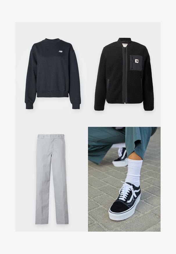 Must schwarze fleece-bomber-jakk, millel, lukkumine, soonikkoesed ja rindade tasku. Omab tekstuuriga kangast ja ühtlase värvi disaini.; Tumehall hallide käeaukudega dress, mis on valmistatud puuvillasegistusega kangast. Omab ribatrepid kaelas ja mansetides, ning rinna peal on väike valge logo.; Heled hallid püksid otsepliiatsiga lõikega, valmistatud siledast kangast. Omab vööd ja esividinaid, et saavutada šikki välimust.; Mustjad sametist tennisjalanõud valgete aktsentide ja nööridega, millel on paks valge tald ja kontrastsed õmblused, koos valge sokiga.