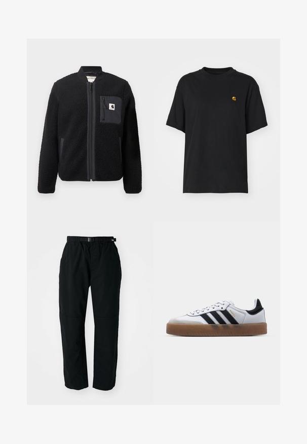 Chaqueta bomber de forro polar negra con cierre de cremallera frontal, puños acanalados y un bolsillo en el pecho. Presenta un tejido texturizado y diseño de color sólido.; Camiseta de algodón negra con un corte relajado. Presenta un cuello redondo y mangas cortas. Incluye un pequeño logotipo bordado en dorado en el pecho.; Pantalones ligeros negros con cinturilla elástica y cinturón ajustable. Cuentan con piernas estrechas y paneles de rodilla reforzados para mayor durabilidad.; Zapatillas de cuero blancas con rayas negras, suela de goma, puntera redonda, cierre de cordones y caperuza de ante gris suave.