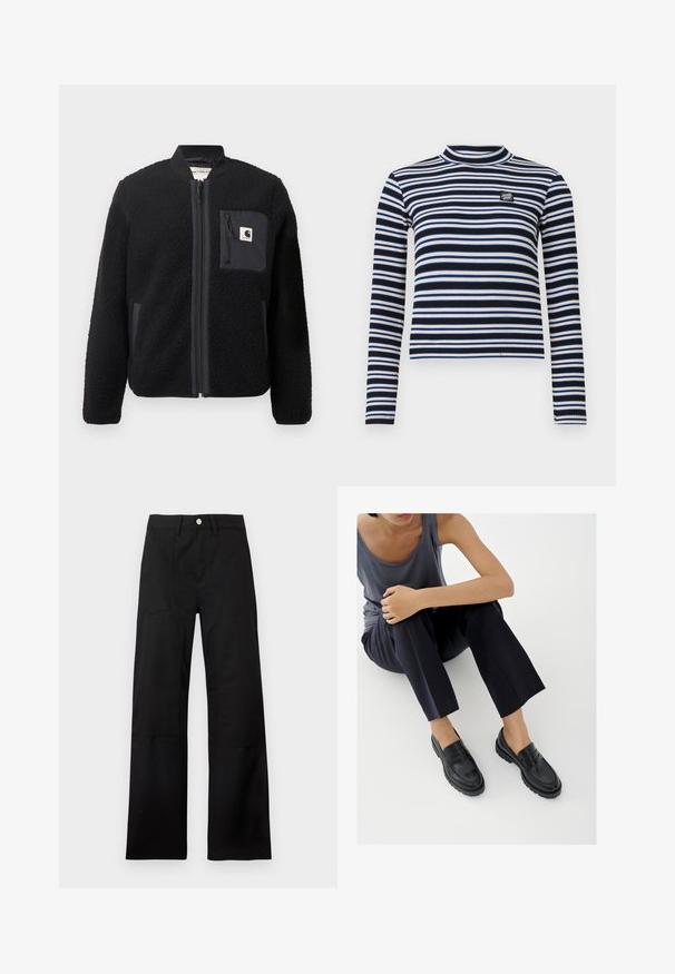 Chaqueta bomber de forro polar negra con cierre de cremallera frontal, puños acanalados y un bolsillo en el pecho. Presenta un tejido texturizado y diseño de color sólido.; Top de manga larga a rayas en blanco y negro con cuello alto, textura acanalada, con acentos en azul y beige y un pequeño logo en el pecho.; Pantalones negros de tiro alto con perneras anchas, trabillas para cinturón, cierre con botón plateado y detalles de costuras visibles en los paneles frontales.; Mocasines de cuero negro con detalles texturizados, tacón bajo, puntera redonda y costuras visibles. Modelo vistiendo pantalones oscuros y una blusa gris.