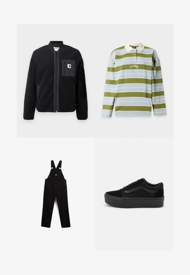 Veste bomber en polaire noire avec fermeture éclair à l'avant, poignets côtelés et poche poitrine. Présente un tissu texturé et un design de couleur unie.; T-shirt de rugby à manches longues avec larges rayures horizontales vertes et bleu clair, col blanc, trois boutons et petit logo brodé sur la poitrine.; Salopette en denim noir avec bretelles réglables, quincaillerie métallique, poche avant et poches latérales. Texture lisse et design à jambe droite.; Baskets noires en daim et toile, avec un bout rond, un design à lacets plats et une semelle épaisse en caoutchouc avec une subtile branding.
