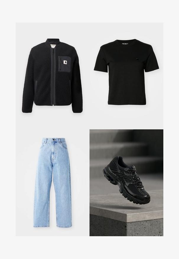 Sort fleeced bomberjakke med lynlås foran, ribbede manchetter og en brystlomme. Har struktureret stof og ensfarvet design.; Sort T-shirt lavet af bomuld. Korte ærmer og rund halsudskæring. Har et lille, mørkt logo på venstre bryst. Enkel, klassisk design.; Højhalset lysblå denimjeans med lige vide ben, frontknap, lynlås lukning samt front- og baglommer.; Sort Nike løbesko med mesh og syntetisk overdel, der svæver over en betonoverflade og trin i baggrunden.