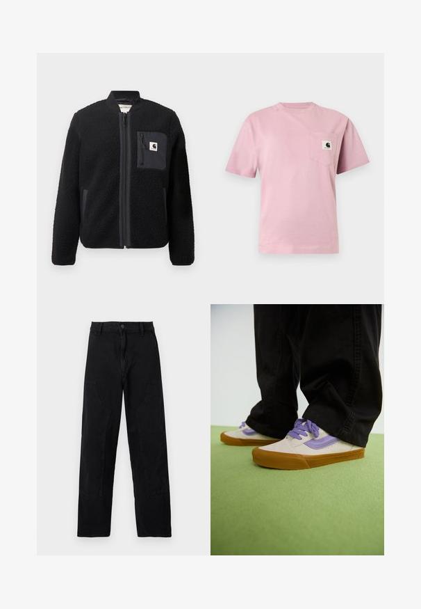 Sort fleeced bomberjakke med lynlås foran, ribbede manchetter og en brystlomme. Har struktureret stof og ensfarvet design.; Lyserød T-shirt med korte ærmer og en lomme på venstre bryst med et lille Carhartt-logo.; Sorte bukser med lige ben, forlommer, bæltestropper og knaplukning på en ensfarvet lys baggrund.; Lyse beige sneakers med lilla accenter, gummisål og flade snørebånd. Båret med sorte bukser, vist på en grøn struktureret overflade.