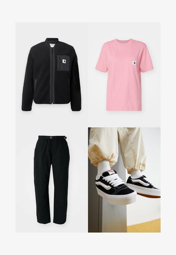 Sort fleeced bomberjakke med lynlås foran, ribbede manchetter og en brystlomme. Har struktureret stof og ensfarvet design.; Carhartt WIP POCKET - T-shirts basic - dusty rose; Sorte letvægtsbukser med elastisk talje og justerbart bælte. Har tapered ben og forstærkede knæpaneler for holdbarhed.; Person iført sorte og hvide Vans sneakers med hvide snørebånd, hvide sokker og beige bukser med elastiske manchetter.