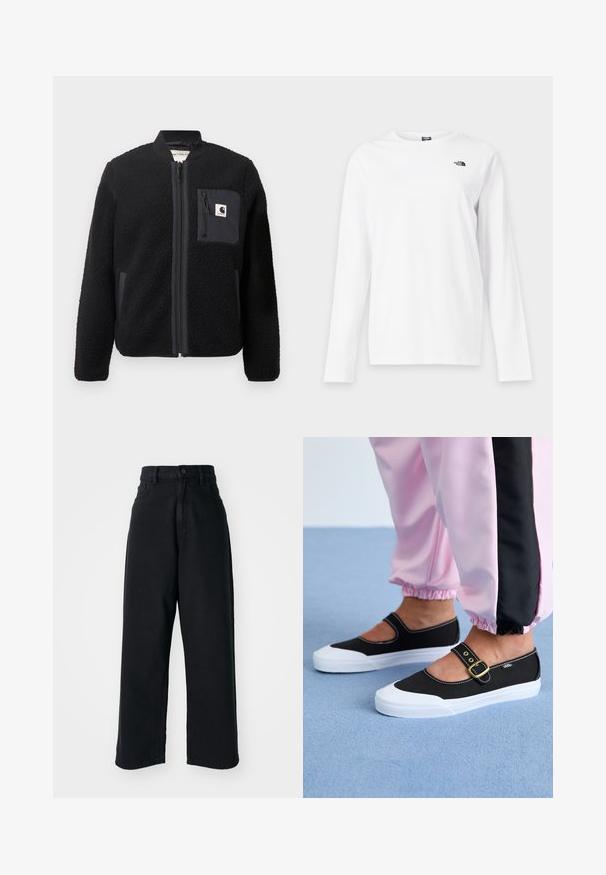 Sort fleeced bomberjakke med lynlås foran, ribbede manchetter og en brystlomme. Har struktureret stof og ensfarvet design.; Hvid langærmet T-shirt med rund hals og lille sort The North Face-logo på venstre bryst.; Sorte højtaljede vid ben jeans med frontlommer og knaplukning, præsenteret mod en plain hvid baggrund.; Sorte lærredssko med en hvid sål, der har et udskæringsdesign og et guldspænde. Bæret med lyserøde træningsbukser.