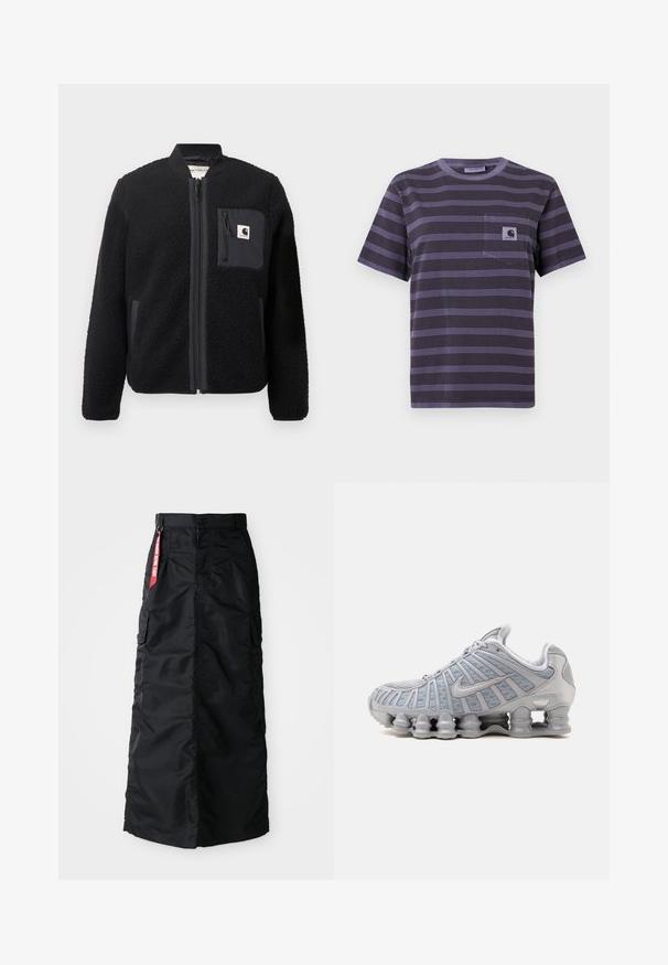 Chaqueta bomber de forro polar negra con cierre de cremallera frontal, puños acanalados y un bolsillo en el pecho. Presenta un tejido texturizado y diseño de color sólido.; Camiseta de rayas moradas con un bolsillo en el lado izquierdo del pecho, con rayas negras horizontales. Tejido suave, mangas cortas, y cuello redondo.; Falda larga negra con botones y cremallera en el frente, bolsillos laterales tipo cargo y una etiqueta de tela roja "Retirar antes del vuelo" en la cinturilla.; Zapatilla de correr gris de Nike con soportes visibles similares a resortes en la suela y parte superior de malla, mostrada de perfil sobre un fondo blanco.