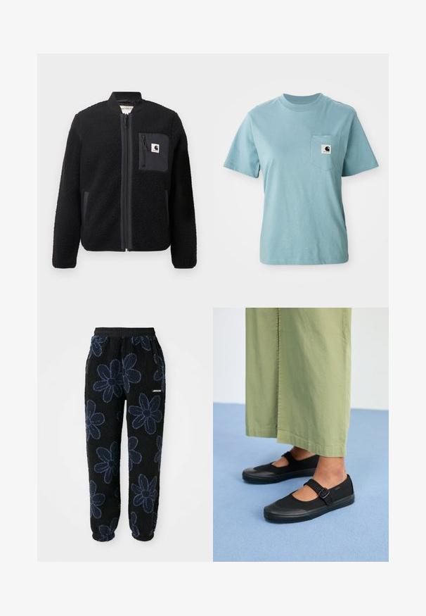 Chaqueta bomber de forro polar negra con cierre de cremallera frontal, puños acanalados y un bolsillo en el pecho. Presenta un tejido texturizado y diseño de color sólido.; Camiseta de algodón de manga corta color azul claro con bolsillo en el pecho que presenta un pequeño parche del logotipo en blanco y negro de Carhartt.; Pantalones de chándal de felpa con un fondo negro y un patrón floral en azul oscuro. Presentan una cintura elástica y bolsillos laterales. Textura suave.; Zapatillas de lona negras con punta redonda, suela de goma y una correa con hebilla. Combinadas con unos pantalones holgados de color verde claro.