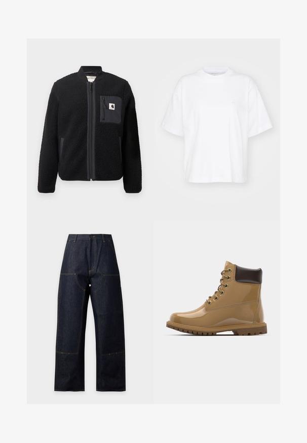 Schwarze Fleece-Bomberjacke mit Reißverschluss, gerippten Ärmeln und einer Brusttasche. Sie zeichnet sich durch einen strukturierten Stoff und ein einfarbiges Design aus.; Weißes Baumwoll-T-Shirt mit Rundhalsausschnitt, kurzen Ärmeln und lockerer Passform. Verfügt über ein dezentes Logo auf der linken Brustseite. Glatte Textur.; Dunkelblaue Jeans mit weitem Bein und hoher Taille, sichtbaren gelben Nähten, Knopfverschluss vorne und großen aufgesetzten Fronttaschen.; Tägliche Schnürstiefeletten aus patentlederen Material in Tan mit braunen Akzenten, runder Zehenpartie, sechs Metallösen, braunen Schnürsenkeln und strukturierten Gummisohlen.