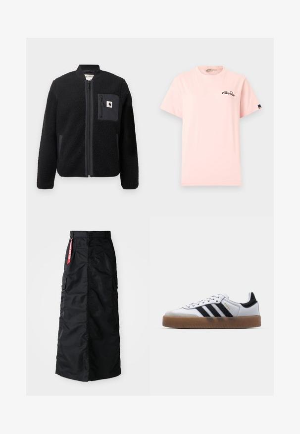 Chaqueta bomber de forro polar negra con cierre de cremallera frontal, puños acanalados y un bolsillo en el pecho. Presenta un tejido texturizado y diseño de color sólido.; Camiseta de manga corta color rosa claro con cuello redondo, pequeño logo negro de "ellesse" en el pecho izquierdo y una etiqueta negra con logo en la manga izquierda.; Falda larga negra con botones y cremallera en el frente, bolsillos laterales tipo cargo y una etiqueta de tela roja "Retirar antes del vuelo" en la cinturilla.; Zapatillas de cuero blancas con rayas negras, suela de goma, puntera redonda, cierre de cordones y caperuza de ante gris suave.