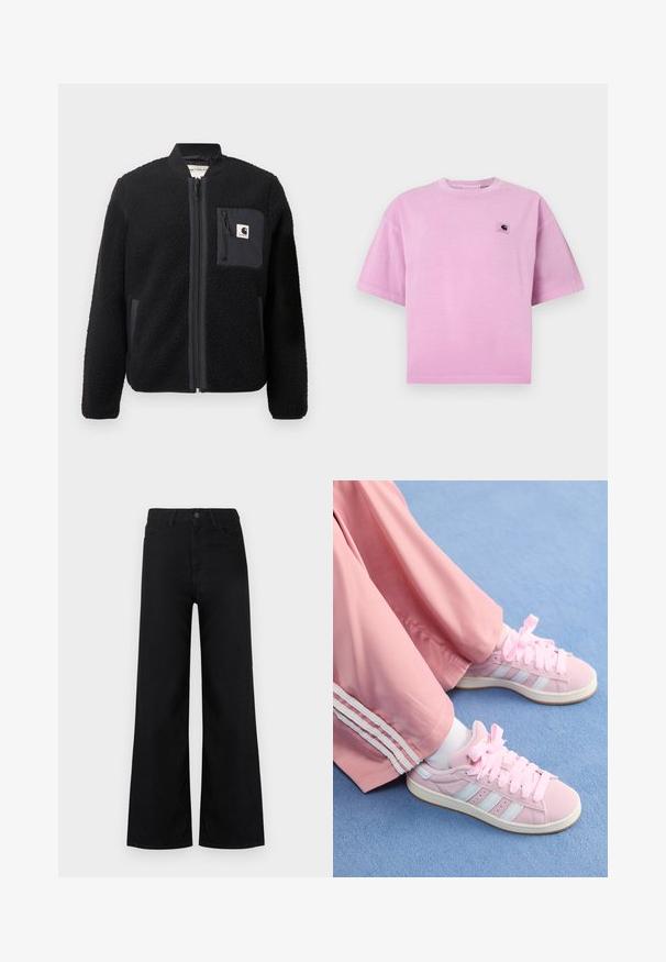 Chaqueta bomber de forro polar negra con cierre de cremallera frontal, puños acanalados y un bolsillo en el pecho. Presenta un tejido texturizado y diseño de color sólido.; Camiseta de algodón rosa con mangas cortas, cuello redondo y un pequeño parche con logo en el área del pecho izquierdo. Textura suave y ajuste relajado.; Vaqueros negros de pierna ancha y cintura alta con bolsillos delanteros y traseros, cierre de botón y cremallera, mostrados sobre fondo blanco.; Zapatillas deportivas rosas con rayas azul claro, puntera redonda y cordones gruesos rosas, combinadas con pantalones de chándal rosas que tienen rayas laterales blancas.
