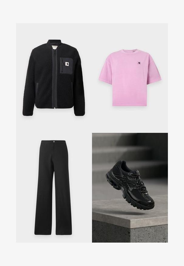 Veste bomber en polaire noire avec fermeture éclair à l'avant, poignets côtelés et poche poitrine. Présente un tissu texturé et un design de couleur unie.; T-shirt en coton rose à manches courtes, col rond, avec une petite écusson logo sur la partie gauche de la poitrine. Texture lisse et coupe décontractée.; Pantalons larges noirs en tissu doux, avec une fermeture à bouton à l'avant, des lignes épurées et un design minimaliste sans motifs.; Chaussure de course noire Nike avec tige en mesh et synthétique flottant au-dessus d'une surface en béton avec des marches en arrière-plan.
