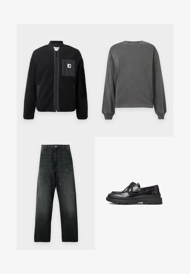 Sort fleeced bomberjakke med lynlås foran, ribbede manchetter og en brystlomme. Har struktureret stof og ensfarvet design.; Grå langærmet sweatshirt med rund hals, lavet af blødt stof. Har ribbede manchetter og en afslappet pasform. Minimalistisk design, uden mønstre.; Sorte denim bukser med vide ben, højtaljede, knaplukning, bæltestropper, oversized forlommer med nitte detaljer.; Sorte læder bådsko med rund tå, snørebåndsdesign, syninger og en kraftig gummisål med et tekstureret grebmønster.