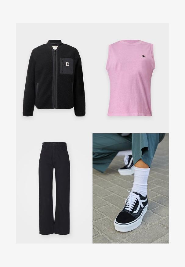 Sort fleeced bomberjakke med lynlås foran, ribbede manchetter og en brystlomme. Har struktureret stof og ensfarvet design.; Ærmeløs lyse lilla t-shirt med rund hals og Carhartt-logo på øverste venstre bryst, vist på en ensfarvet baggrund.; Sorte højtaljede bredbenede jeans med frontknap og lynlås, bæltestropper og to forlommer på hvid baggrund.; Sorte ruskinds sneakers med hvide accenter og snørebånd, der har en tyk hvid sål og kontrasterende syninger, parret med en hvid sok.