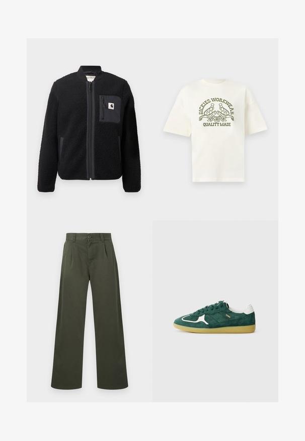 Chaqueta bomber de forro polar negra con cierre de cremallera frontal, puños acanalados y un bolsillo en el pecho. Presenta un tejido texturizado y diseño de color sólido.; Camiseta blanca de manga corta con texto en verde oliva "Dickies Workwear Quality Made" y gráfico de dos espuelas y flores en el frente.; Pantalones de pierna recta color verde oliva con trabillas para cinturón, cierre frontal con botones y bolsillos laterales sobre un fondo blanco.; Zapatillas verdes de ante con acentos blancos, detalles perforados y suela de goma texturizada. Presenta cordones redondos y talón acolchado.