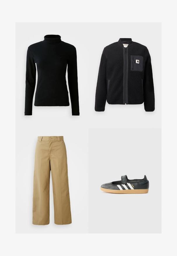Veste bomber en polaire noire avec fermeture éclair à l'avant, poignets côtelés et poche poitrine. Présente un tissu texturé et un design de couleur unie.; Pull en maille côtelée noir à manches longues et col roulé avec une silhouette ajustée sur un fond blanc uni.; Pantalons larges beiges en tissu mélangé coton, avec une fermeture à bouton, des passants de ceinture et des poches avant.; Sneaker en cuir noir et suède avec une sangle Velcro, arborant trois bandes blanches et une semelle en caoutchouc, étiqueté "SAMBA" sur le côté.