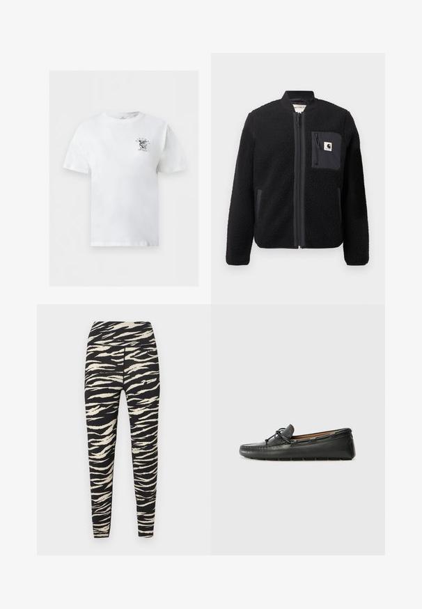 Veste bomber en polaire noire avec fermeture éclair à l'avant, poignets côtelés et poche poitrine. Présente un tissu texturé et un design de couleur unie.; T-shirt blanc à manches courtes avec col rond, petit motif noir avec un poisson et les mots « Fischl Surfwear » sur le côté gauche de la poitrine.; Leggings noirs et crème à motif rayures de tigre, avec une taille haute et un tissu extensible pour le confort et la flexibilité.; Bateau en cuir noir avec un bout arrondi, des détails de couture, un petit accent en nœud et une semelle en caoutchouc. Texture lisse et design épuré.