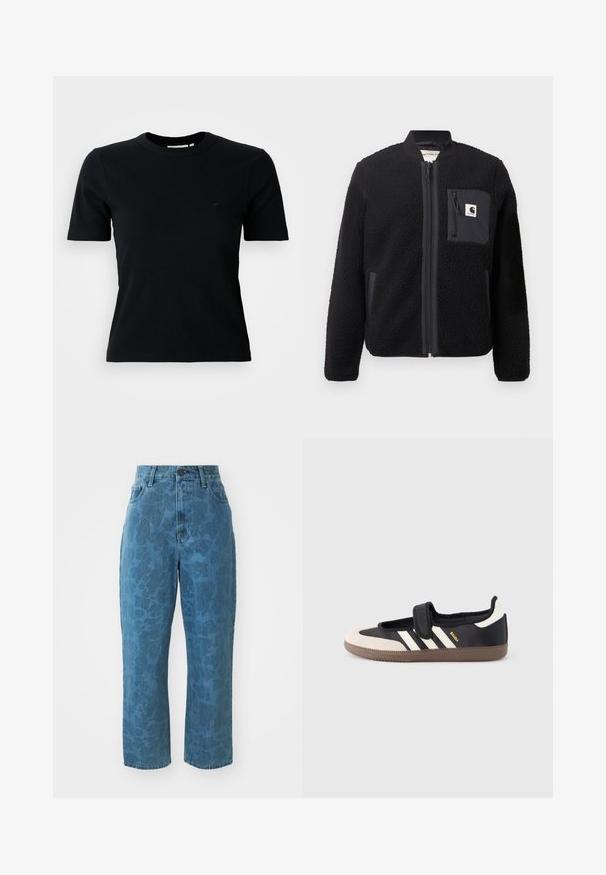 Veste bomber en polaire noire avec fermeture éclair à l'avant, poignets côtelés et poche poitrine. Présente un tissu texturé et un design de couleur unie.; T-shirt noir à manches courtes à côtes et col rond ; arbore un logo subtil sur la poitrine ; fabriqué en tissu doux et texturé.; Jean en denim bleu clair avec une texture à motif subtil, taille haute et coupe droite. Doté d'une fermeture à bouton et à glissière à l'avant.; Baskets noires et beiges avec une bride en velcro, trois bandes blanches sur le côté, et une semelle en caoutchouc marron texturée. Logo de la marque visible.
