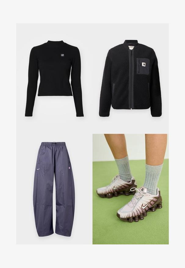 Must schwarze fleece-bomber-jakk, millel, lukkumine, soonikkoesed ja rindade tasku. Omab tekstuuriga kangast ja ühtlase värvi disaini.; Must mustribi pikkade varrukatega topp mustas, kõrge kaelusega ja vasakul rinnal väikese tikandiga logoga. Omab sobivat lühikest disaini.; Laisalt istuvad tumedat halli Nike jooksupüksid, millel on elastne vöökoht, küljetaskud ja vasakul reiel väike roosa logo.; Nike tossud heledas roosas ja pruunides toonides, millel on tekstureeritud pealmine osa, kihiline disain ja pehmendatud tallaosa nähtavate õhuühikutega.