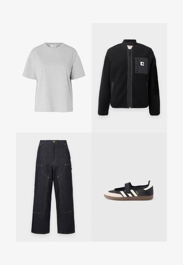 Sort fleeced bomberjakke med lynlås foran, ribbede manchetter og en brystlomme. Har struktureret stof og ensfarvet design.; Lysegrå T-shirt med korte ærmer og rund hals, løs pasform og uden synlige mønstre eller logoer.; Mørkeblå vidde jeansbukser med flere lommer foran, kontrastfarvet orange syning og lukning med knap i taljen.; Sort og beige sko med velcrolukning, tre hvide striber på siden og en tekstureret brun gummisål. Mærkelogo er synligt.