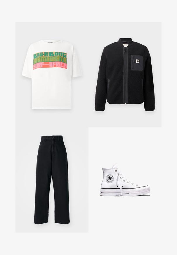 Schwarze Fleece-Bomberjacke mit Reißverschluss, gerippten Ärmeln und einer Brusttasche. Sie zeichnet sich durch einen strukturierten Stoff und ein einfarbiges Design aus.; Weißes T-Shirt mit kurzen Ärmeln und retro Blockschrift mit dem Schriftzug "BILLABONG MAMIWATA SURF AFRICA" in Orange, Grün und Pink.; Schwarze hoch sitzende weite Jeans mit frontalen Taschen und Knopfverschluss, vor einem schlichten weißen Hintergrund präsentiert.; Weißer Converse Chuck Taylor All Star High-Top-Sneaker mit schwarzen Streifen und Logo-Patch an der Seite, präsentiert vor einem schlichten weißen Hintergrund.