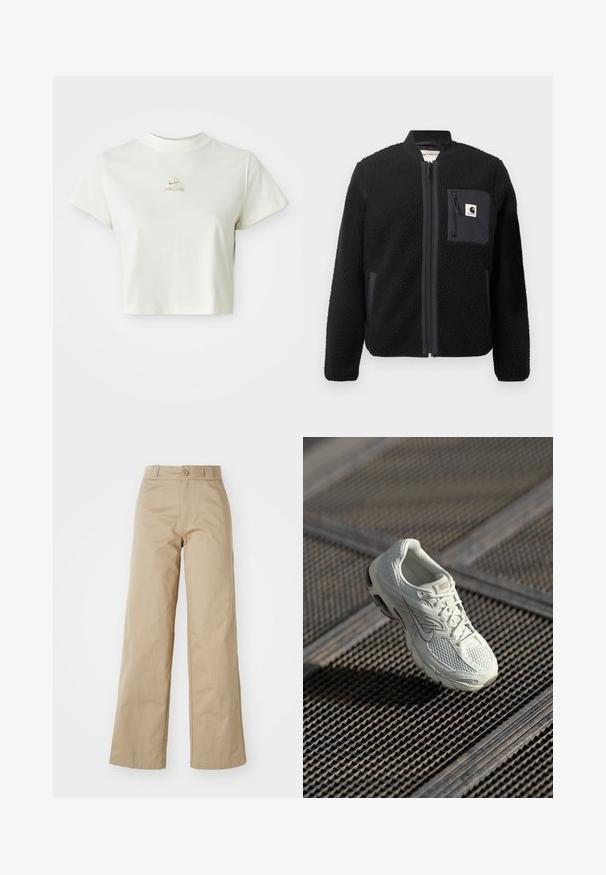 Sort fleeced bomberjakke med lynlås foran, ribbede manchetter og en brystlomme. Har struktureret stof og ensfarvet design.; Kort hvid cropped t-shirt med et lille beige Nike ACG-logo centreret under halsudskæringen; Beige brede bukser lavet af bomuld, med knaplukning og bælteholder, med en glat tekstur og ren finish.; Hvide Nike løbesko med overdel i mesh og syntetisk materiale, som hviler på metalristgulv i blødt naturligt lys.
