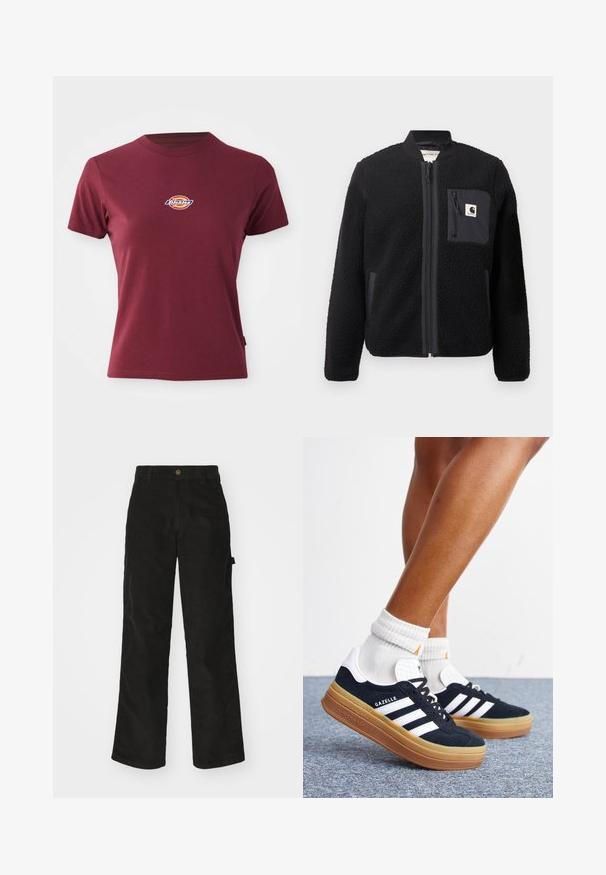 Veste bomber en polaire noire avec fermeture éclair à l'avant, poignets côtelés et poche poitrine. Présente un tissu texturé et un design de couleur unie.; T-shirt court à manches courtes de couleur bordeaux en coton, avec un col rond et un petit logo "Dickies" multicolore sur la poitrine.; Pantalon en velours côtelé noir avec une coupe droite, doté d'une fermeture à bouton et de poches latérales. Texture lisse avec de fines rayures verticales.; Jambes portant des chaussettes blanches et des baskets Adidas Gazelle noires avec des bandes blanches et des semelles épaisses marron sur un sol recouvert de moquette grise.
