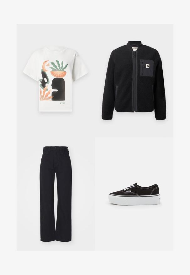 Veste bomber en polaire noire avec fermeture éclair à l'avant, poignets côtelés et poche poitrine. Présente un tissu texturé et un design de couleur unie.; T-shirt blanche avec une art abstrait représentant une silhouette noire de tête, une plante verte dans un bol orange sur la tête, des formes orange et vert, et le logo "RVCA".; Jeans noirs taille haute à jambes larges avec fermeture à bouton et zip à l'avant, passants de ceinture et deux poches avant sur fond blanc.; Baskets en toile noires avec une semelle en caoutchouc blanc, dotées de lacets et de coutures blanches, marquage emblématique sur le côté, design basse.