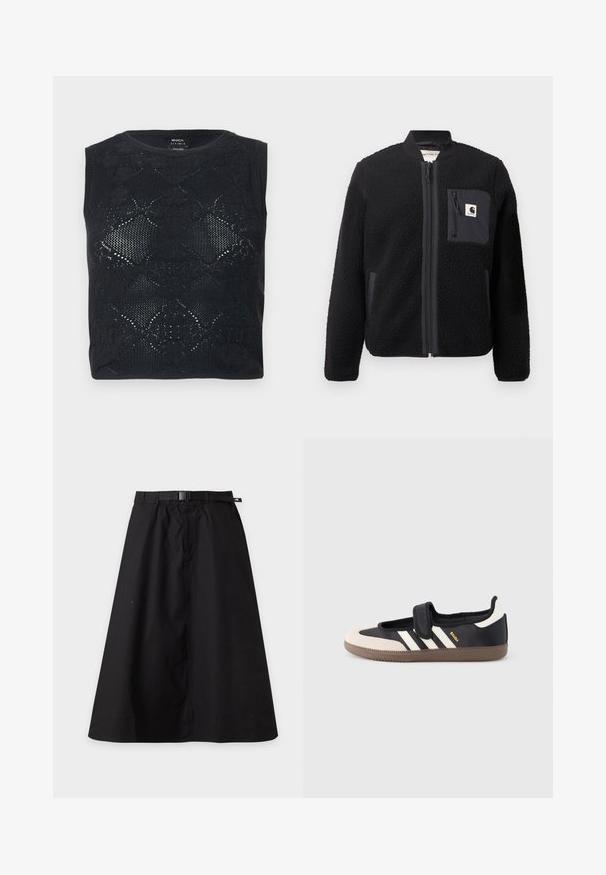 Veste bomber en polaire noire avec fermeture éclair à l'avant, poignets côtelés et poche poitrine. Présente un tissu texturé et un design de couleur unie.; Haut noir sans manches en maille avec motif de dentelle florale et encolure ronde, plié à plat sur un fond clair.; Jupe noire en ligne A avec ceinture intégrée et boucle, avec une petite étiquette logo sur le côté droit de la ceinture.; Baskets noires et beiges avec une bride en velcro, trois bandes blanches sur le côté, et une semelle en caoutchouc marron texturée. Logo de la marque visible.