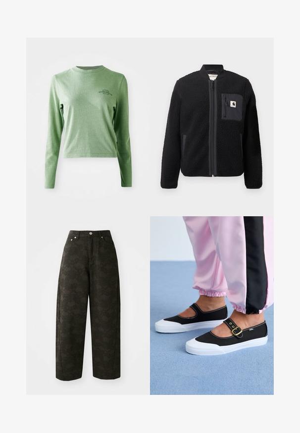 Must schwarze fleece-bomber-jakk, millel, lukkumine, soonikkoesed ja rindade tasku. Omab tekstuuriga kangast ja ühtlase värvi disaini.; Hele roheline pika varrukaga t-särk, mis on valmistatud pehmest puuvillast, koos ümarate kaelustega ja väikese trükitud logoga ülemisel vasakul küljel.; Tumedad rohelised laiad püksid, millel on tekstuurne lillemuster, viie tasku disain ja metallist nupud vööl.; Mustad mustad jalanõud valge tallaga, millel on lõikekujundus ja kuldne pannal. Kombineeritud roosade treeningpükstega.