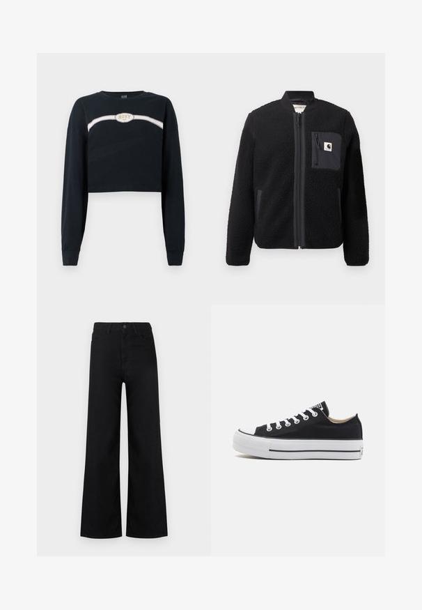 Chaqueta bomber de forro polar negra con cierre de cremallera frontal, puños acanalados y un bolsillo en el pecho. Presenta un tejido texturizado y diseño de color sólido.; Sudadera de algodón negra de mangas largas, recortada, con una raya blanca y rosa y un logo de Roxy en la parte delantera.; Vaqueros negros de pierna ancha y cintura alta con bolsillos delanteros y traseros, cierre de botón y cremallera, mostrados sobre fondo blanco.; Zapatilla de lona negra de caña baja con suela de goma blanca, cordones blancos y detalle de raya negra a lo largo de la suela, vista de lado.