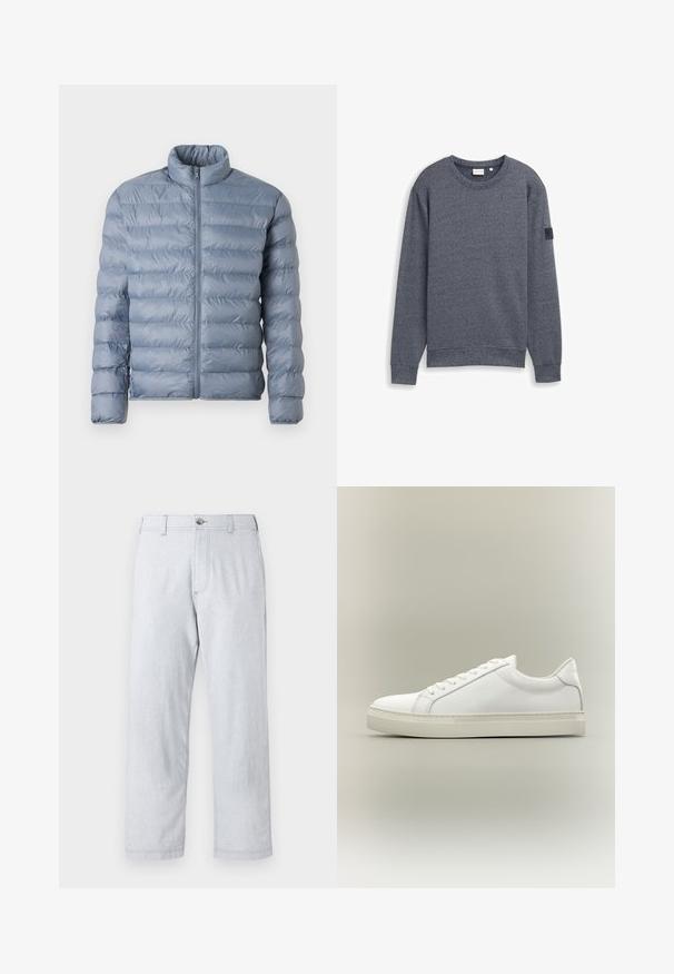 Doudoune bleu clair avec un col haut, une fermeture éclair intégrale à l'avant et un motif matelassé horizontal. Fabriquée en tissu brillant et résistant à l'eau.; Sweatshirt gris à manches longues en tissu texturé, avec col rond et poignets côtelés. Présente un design minimaliste sans embellissements.; Pantalons gris clair à jambe droite en tissu texturé. Dotés d'une fermeture à bouton à l'avant et de passants de ceinture. Sans motifs ni accents visibles.; Baskets blanches basses à lacets sur l’avant et semelle épaisse, vues de côté sur un fond neutre.