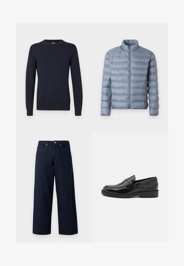 Doudoune bleu clair avec un col haut, une fermeture éclair intégrale à l'avant et un motif matelassé horizontal. Fabriquée en tissu brillant et résistant à l'eau.; Pull en maille bleu marine avec col rond, manches longues et poignets côtelés. Texture lisse et conception légère pour le confort.; Jean large en denim bleu foncé avec fermeture à bouton, poches avant et texture subtile, avec des ourlets droits et une coupe décontractée.; Mocassins en cuir noir avec une finition lisse, un bout rond, un petit talon et descoutures décoratives à l'avant. Semelle en caoutchouc pour l'adhérence.