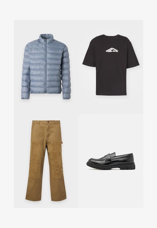 Doudoune bleu clair avec un col haut, une fermeture éclair intégrale à l'avant et un motif matelassé horizontal. Fabriquée en tissu brillant et résistant à l'eau.; T-shirt noir à manches courtes en coton, avec un logo graphique blanc à l'avant, encolure ronde et ourlet droit.; Pantalons cargo en coton marron avec des patchs en tissu côtelé contrastant, coupe droite, cinq poches et une fermeture à bouton.; Mocassin en cuir noir avec une large sangle sur le devant, semelle en caoutchouc à épaisse rainure, et texture lisse. Design classique et élégant.